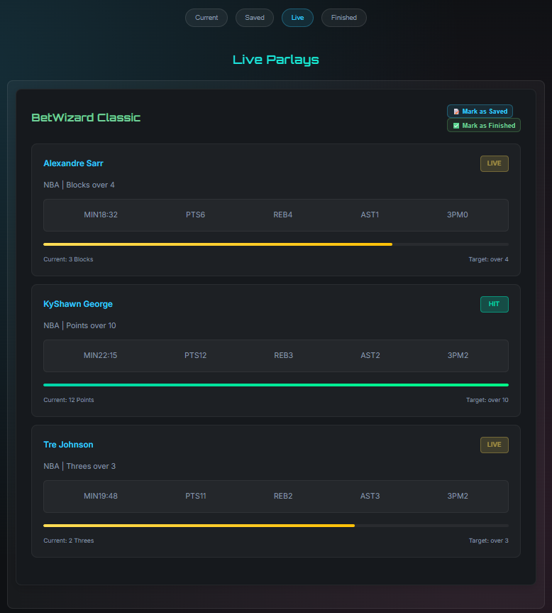 Live Parlay Tracker showing real-time bet progress