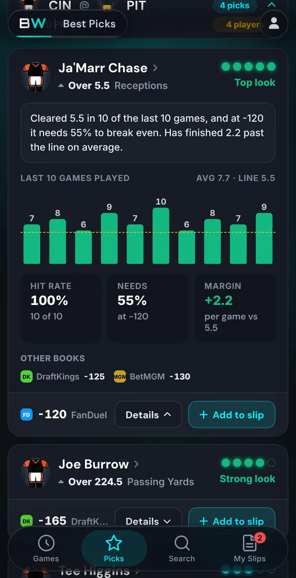 The Best Picks screen in the BetWizard app
