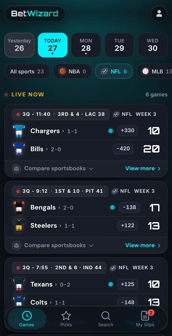 The live scores screen in the BetWizard app